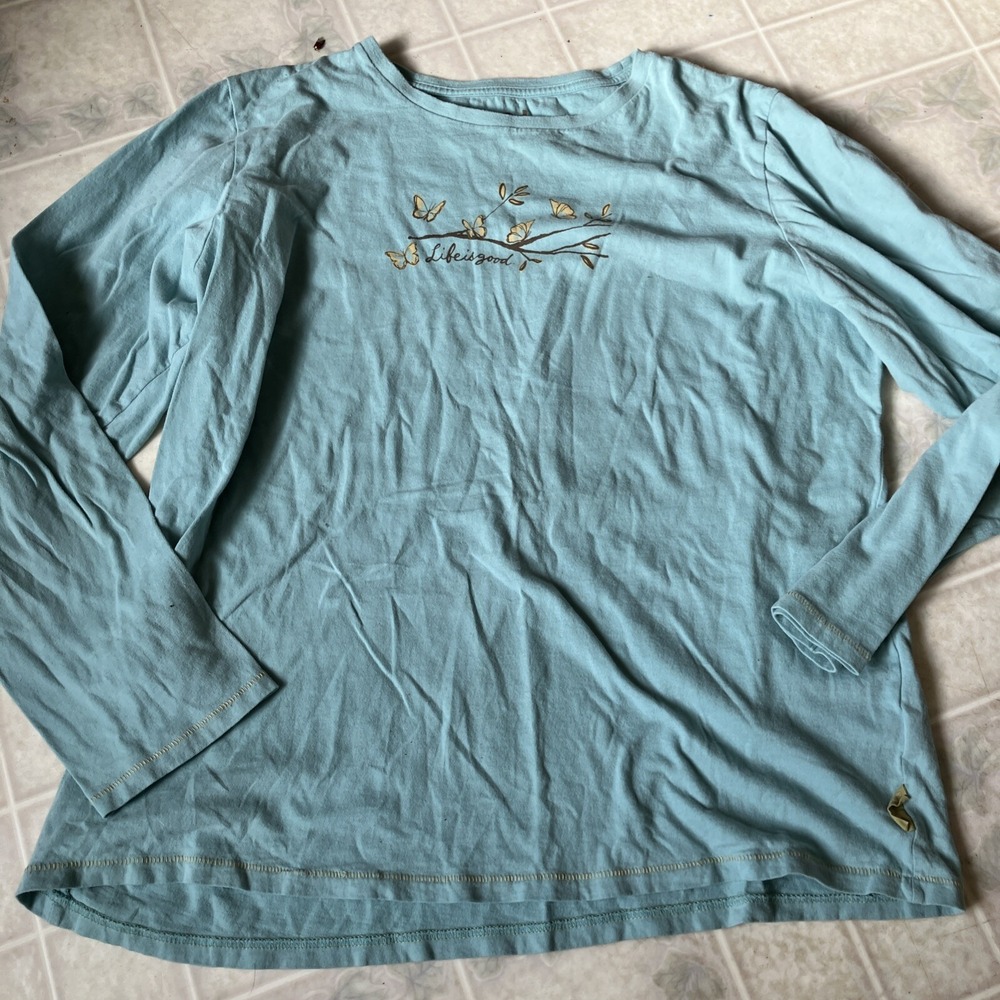 Life Is Good Semi Fitted Long Slv tee Women's Turquoise with yellow butterflies - Picture 1 of 4